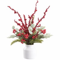 18" Faux Red Perries and Pine in a White Ceramic Vase
