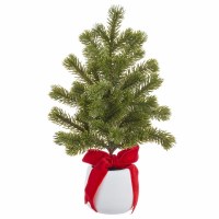 12" Faux Green Pine Tree With Red Bow in a White Pot