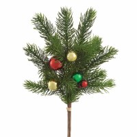 15" Faux Green Pine With Mulicolor Ornaments Spray