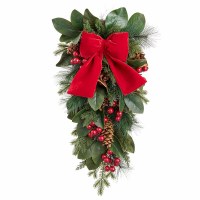 32" Faux Red Berries and Pine With a Red Bow Drop