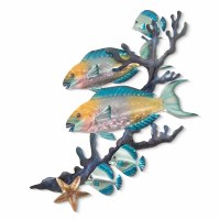 26" Two Multicolored Parrotfish Swimming in Coral Coastal Metal Wall Art Plaque