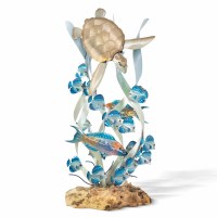 36" Silver and Blue Sea Turtle in a Reef Coastal Metal Sculpture