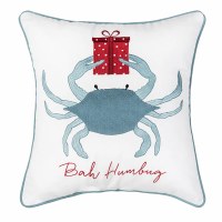 16" Sq "Bah Humbug" Blue Crab Holding a Present Decorative Coastal Christmas Pillow