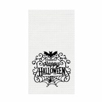 27" x 18" "Happy Halloween" Bat and a Spider Web Halloween Waffle Weave Kitchen Towel
