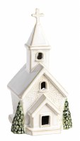 7" White Ceramic Church With Double Trees Tealight by Mud Pie
