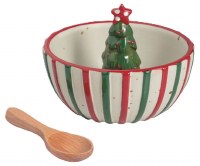 5" Round Striped Christmas Tree Ceramic Dish With a Spoon by Mud Pie