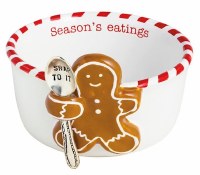 4" Round White Ceramic "Season's Eatings" Gingerbread Man Tidbit Bowl With a Spoon by Mud Pie