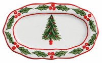 5" x 8" Oval Chirstmas Tree and Holly Ceramic Dish by Mud Pie