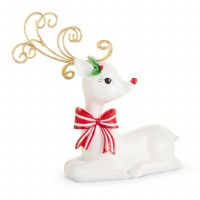 7" White Deer With Red Bow Laying Down