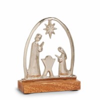 6" Silver Metal and Brown Wood Holy Family