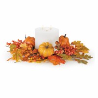 6" Opening Faux Yellow and Orange Pumpkins and Leaves Candle Ring