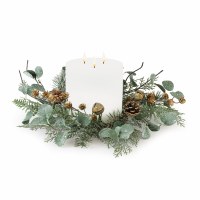 6" Opening Faux Frosted Mixed Pine With Gold Pine Cones Candle Ring