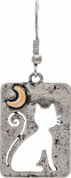 Silver and Gold Toned Cat Under the Moon Rectangle Earrings