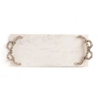7" x 17" White Marble Serving Board With a Silver Bow Handle by Mud Pie