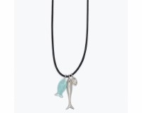 Silver Toned and Aqua Inaly Fish on a Black Chord Necklace