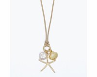 Gold Toned Starfish and a Faux Pearl on a Beige Chord Necklace