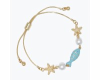 Gold Toned Starfish Blue Inlay Fish Bracelet