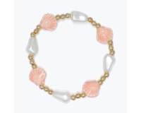 Gold Toned Beads Pink Inlay Scallop Shell  Bracelet