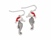 Silver Toned Seahorse Wearing a Red Santa Hat Earrings