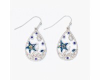 Silver Toned Dark Blue Inlay Sealife Teardrop Earrings