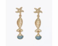 Gold Toned Blue Inlay Fish Dangle Earrings