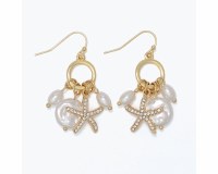 Gold Toned Starfish Faux Pearl Hoop Earrings