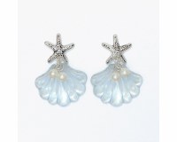 Silver Toned Blue Inlay Starfish Scallop Shell Earrings