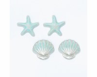 Set of Two Silver Toned Aqua Inlay Starfish and Scallop Shell Earrings