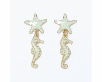 Gold Toned Green Inlay Seahorse Starfish Earrings