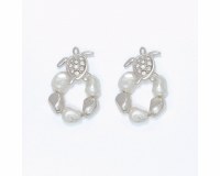 Silver Toned Faux Pearls and Bling Circle Sea Turtle Earrings