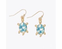 Gold Toned Blue Inlay Sea Turtle Earrings