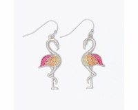 Silver Toned Multicolor Inlay Flamingo Earrings