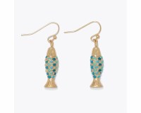Gold Toned Aqua Inlay Fish Earrings