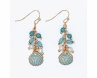 Gold Toned Blue Inlay Seashell Beads Dangle Earrings