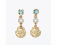 Gold Toned Aqua Inlay Bling and Faux Pearl Seashell Drop Earrings
