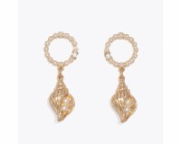 Gold Toned Faux Pearl Conch Shell Earrings