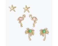 Set of Three Gold Toned Multicolor Inlay Palm Tree, Starfish, and Flamingo Earrings