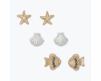 Set of Three Silver and Gold Toned Fish, Starfish, and Seashell Earrings