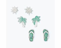 Set of Three Silver Toned Green Inlay Flip Flop, Palm Tree, and Sun Earrings