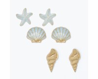 Set of Three Gold Toned Blue Inlay Seashells and Starfish Earrings