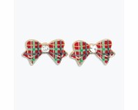 Gold Toned Red and Green Plaid Enamel Bow Earrings