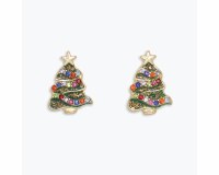 Gold Toned Multicolor Bling Christmas Tree Earrings