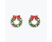Gold Toned Green and Red Inlay Wreath Earrings
