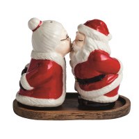 4" Mr. & Mrs. Claus Kissing Ceramic Salt and Pepper Shakers With a Wood Tray by Mud Pie