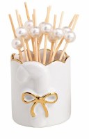 3" White and Gold Ceramic Candy Cane Toothpick Holder by Mud Pie