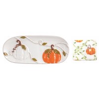 6" x 14" White and Orange Pumpkins Ceramic Tray With a Kitchen Towel by Mud Pie