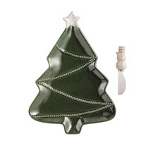13" x 9" Green Christmas Tree Platter With a Spreader by Mud Pie