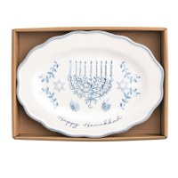 7" x 10" Blue and White Oval "Happy Hanukkah" Ceramic Menorah Design Tray by Mud Pie