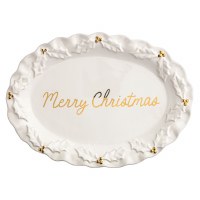12" x 16" White and Gold Oval "Merry Christmas" Ceramic Holly Platter by Mud Pie