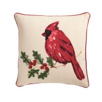 18" Sq Cardinal on a Holly Branch Decorative Christmas Pillow by Mud Pie